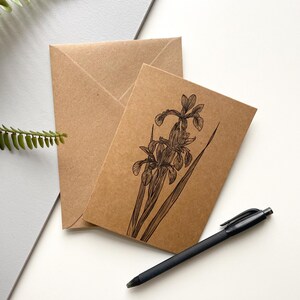 February Iris and Primrose, Birthday Flower Greetings Card, Hand Drawn Birthday Card, A6 Kraft Card with Envelope, Blank Inside