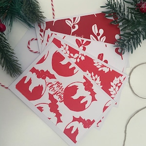 Rote Siebdruck-Weihnachtskarte, handgezeichnete handgedruckte Grußkarte, A6 weiße Karte mit Umschlag, innen leer