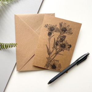 September – Aster, Geburtsmonat der Blumen – A6 Kraft Grußkarte, handgezeichnet & gedruckt auf Recycling-Karte, innen blanko