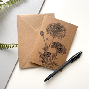 Oktober – Ringelblumen, Geburtsmonat, Blumenkarte – A6 Kraft Grußkarte, handgezeichnet & gedruckt auf Recycling-Karte, innen leer