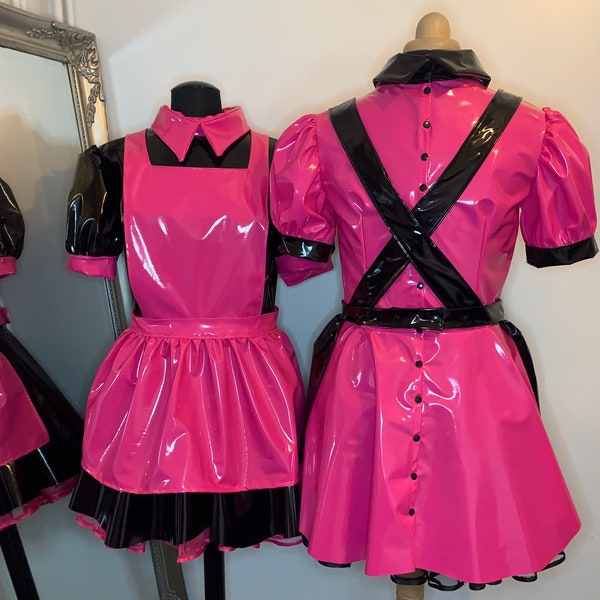 PVC Maids uniform with detachable apron and contrasting netted underskirt.