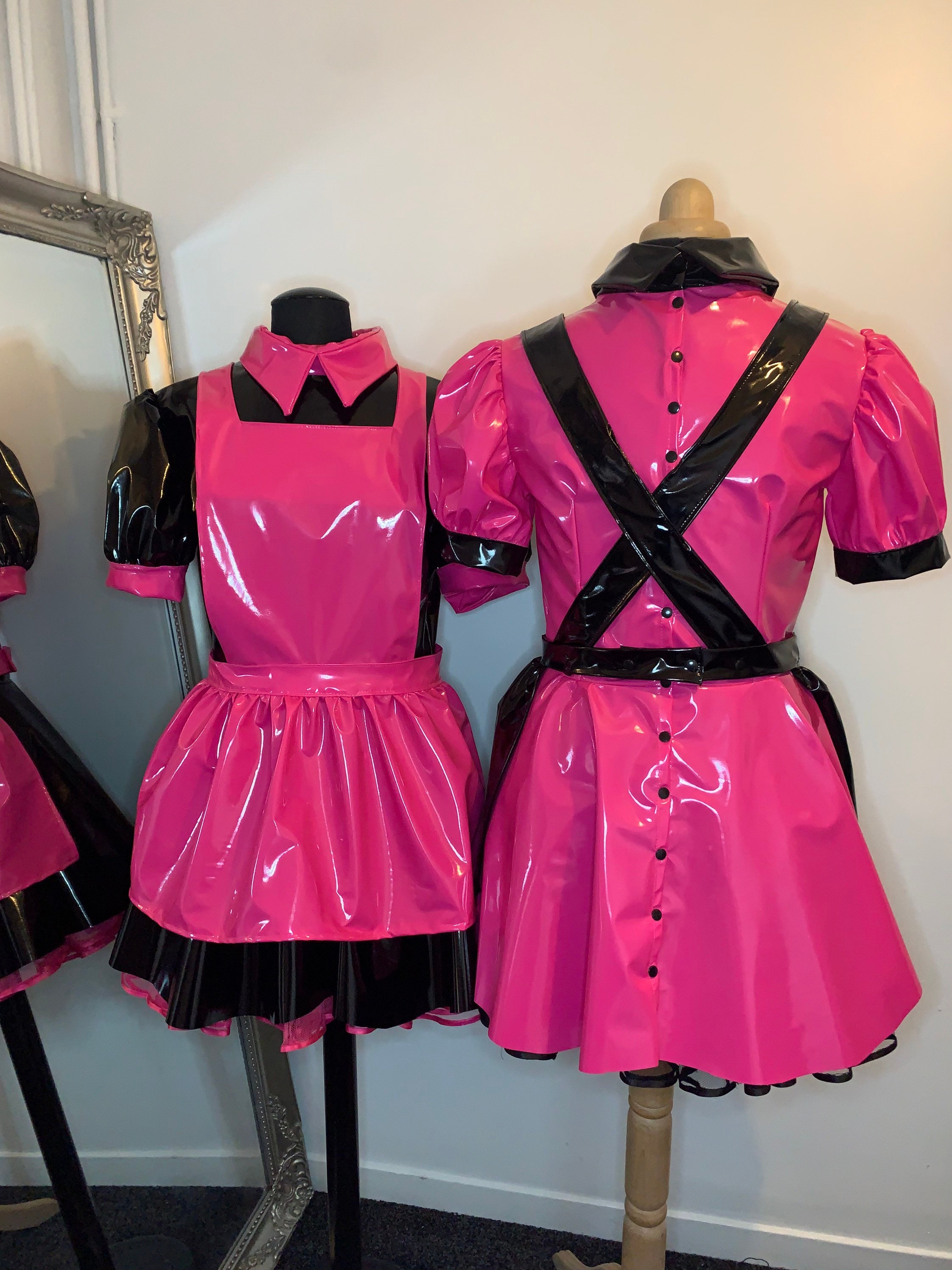 PVC Maids Uniform With Detachable Apron and Contrasting Netted