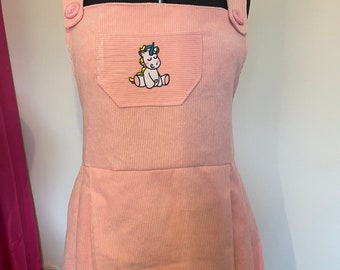 Baby Pink Corduroy Dungaree Dress with Unicorn motif