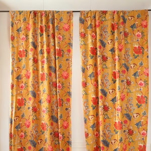 Cortina de terciopelo de algodón, cortina con estampado de pájaros, cortinas de terciopelo floral, cortina bohemia, cortinas de lujo, regalo de inauguración de la casa, decoración colorida, juego de 2