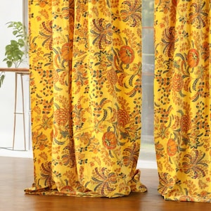 Yellow velvet Curtain, Spring Cotton Velvet Curtain, Floral design, Luxury Drapes, Housewarming Gift Decor