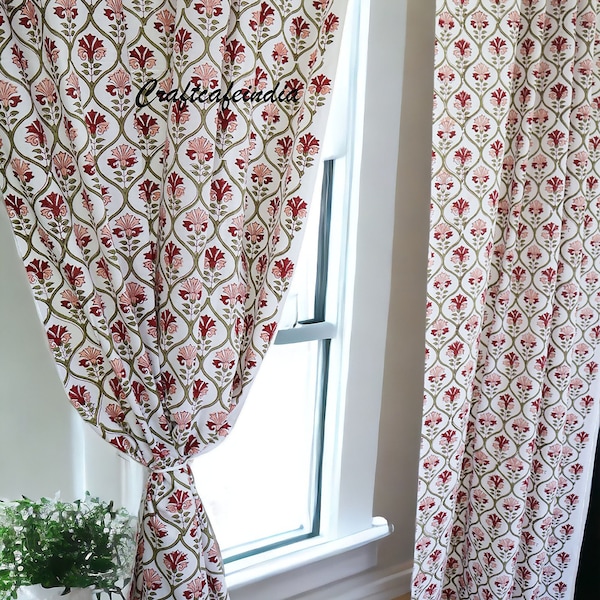 Indian curtain with Hand block printed,  Cotton sheer Panels,  Mid Century Curtains, Farmhouse style Bohemian curtains
