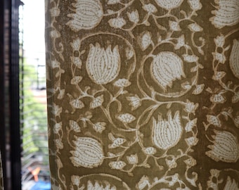 Brown Floral block printed curtains - Canvas cotton semi sheer curtains- Bohemian heavy drapes Curtains - Farmhouse Cottage Panel