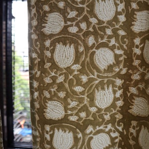 Brown Floral block printed curtains - Canvas cotton semi sheer curtains- Bohemian heavy drapes Curtains - Farmhouse Cottage Panel