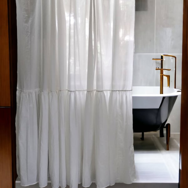Shabby Chic curtain, Extra long Shower Curtains, White Ruffled Shower Curtain, Cotton Shower Curtains,Farmhouse Bathroom - Any Size