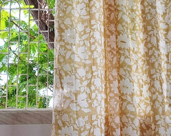 Yellow curtain, cotton floral sheer curtains, Printed floral curtains,  Indian sheer panels, Bohemian curtain