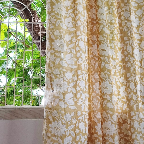Rideau jaune, rideaux transparents floraux en coton, rideaux floraux imprimés, panneaux transparents indiens, rideau Boho