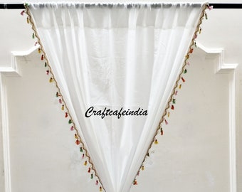 White Sheer Panels curtain with multi colour trim, Cotton Voile Curtain, Custom Sheer Curtains With Tassel, Kids room Curtain - Set of 2