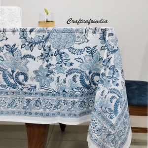 Blue and White Floral Block Printed Tablecloth, Dining Tablecloth, Indian Handmade Tablecloth, Rectangle Cotton Tablecloth