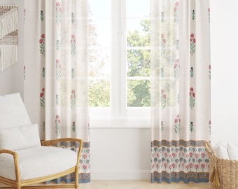 Indian Curtains, Mughal Cotton Curtain Panel, French Floral Sheer Cotton Curtain, Curtain For Living Room Art Decor,