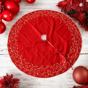 Red velvet Christmas Tree Skirt 48 inch Christmas Tree Skirt Velvet handmade Embraided tree skirt Christmas decorations Christmas gift