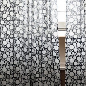Black Floral Print Cotton Curtain - Vintage Botanical Cottage Decor