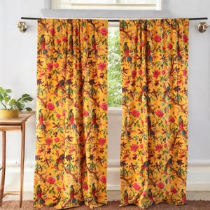 Cortina de terciopelo de algodón, cortina con estampado de pájaros, cortinas de terciopelo floral, cortina bohemia, cortinas de lujo, regalo de inauguración de la casa, decoración colorida, juego de 2