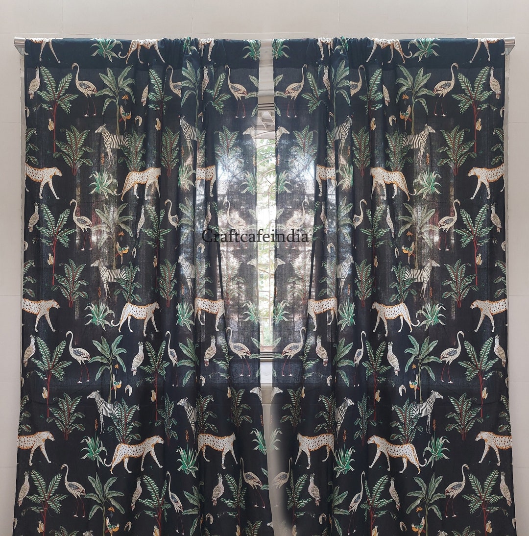 Animals Curtain, Cotton Jungle Print Curtains, Black Floral Curtain for