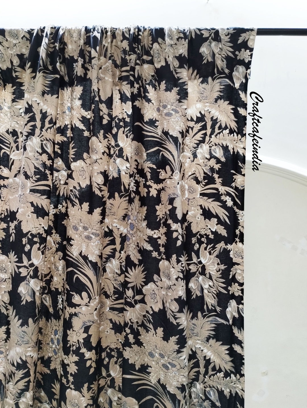 Vintage Black Floral Curtain, Black Curtian, Vintage Curtains, Semi