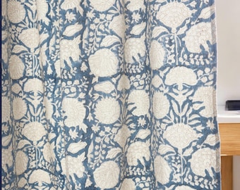Modern Floral Blue Canvas Curtains, Elegant Handcrafted Design, block printed luxury drapes, Can be customized
