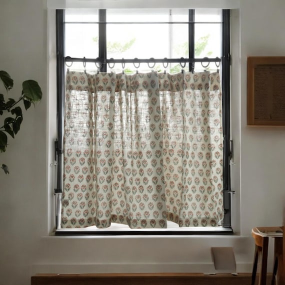Block print cafe curtain or valance Spice Slub Linen Look. kitchen curtain Tier Curtains Bathroom Curtains Kitchen window valance