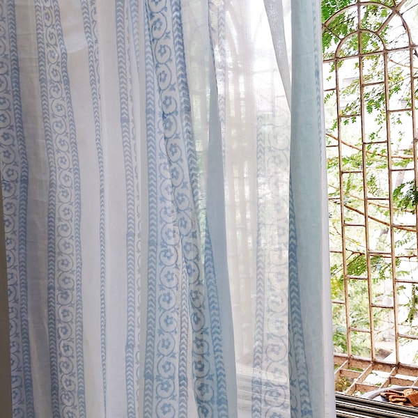 Indian Block print striped curtains / Sheer cotton Curtain / Boho style curtains /Bohemian curtains/Window curtains/ curtain panels