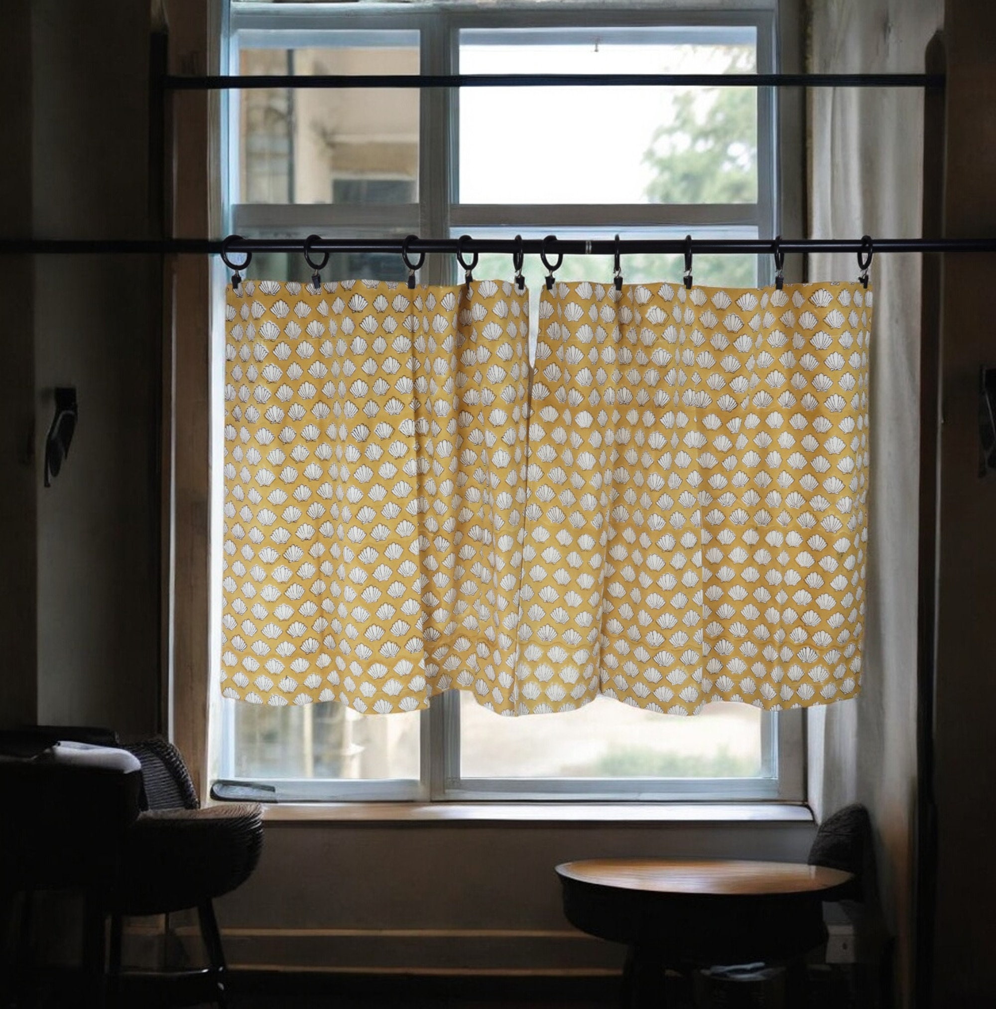 Sea Shell Cafe Curtain: Mustard Yellow Coastal Block Print - Etsy