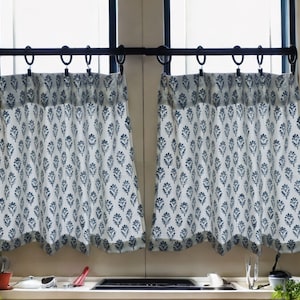 Café Tier Curtains, Cotton block print Cafe Curtains, Floral print Modern Farmhouse, kitchen, bathroom Bedroom Cafe Curtains
