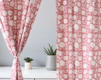 Cortinas de algodón con estampado floral a mano – Cortinas bohemias en rosa salmón