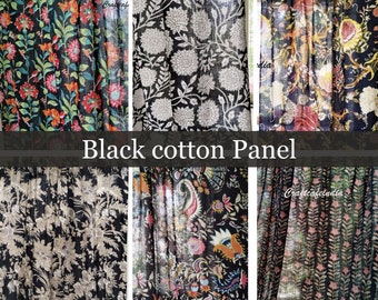 Black Floral curtains Semi sheer cotton Panel - vintage floral Bohemian curtains - Retro/ Tropical black curtains