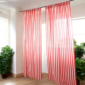 Red striped curtain,  Hand screen printed Sheer curtains, Window cotton curtains, curtain panels, French cafe curtain