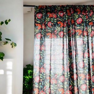 Hand Block Printed Floral Curtain: Bohemian Semi-Sheer Cotton Panel