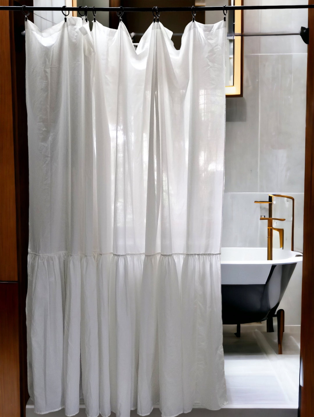 Shabby Chic Curtain, Extra Long Shower Curtains, White Ruffled Shower