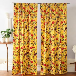 Cortina de terciopelo de algodón, cortina con estampado de pájaros, cortinas de terciopelo floral, cortina bohemia, cortinas de lujo, regalo de inauguración de la casa, decoración colorida, juego de 2