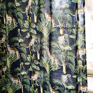 Safari Tropical Curtain, Jungle print Curtain, Palm Tree Safari Monkey & leopard Curtains,  rainforest boho curtains, Custom Size available