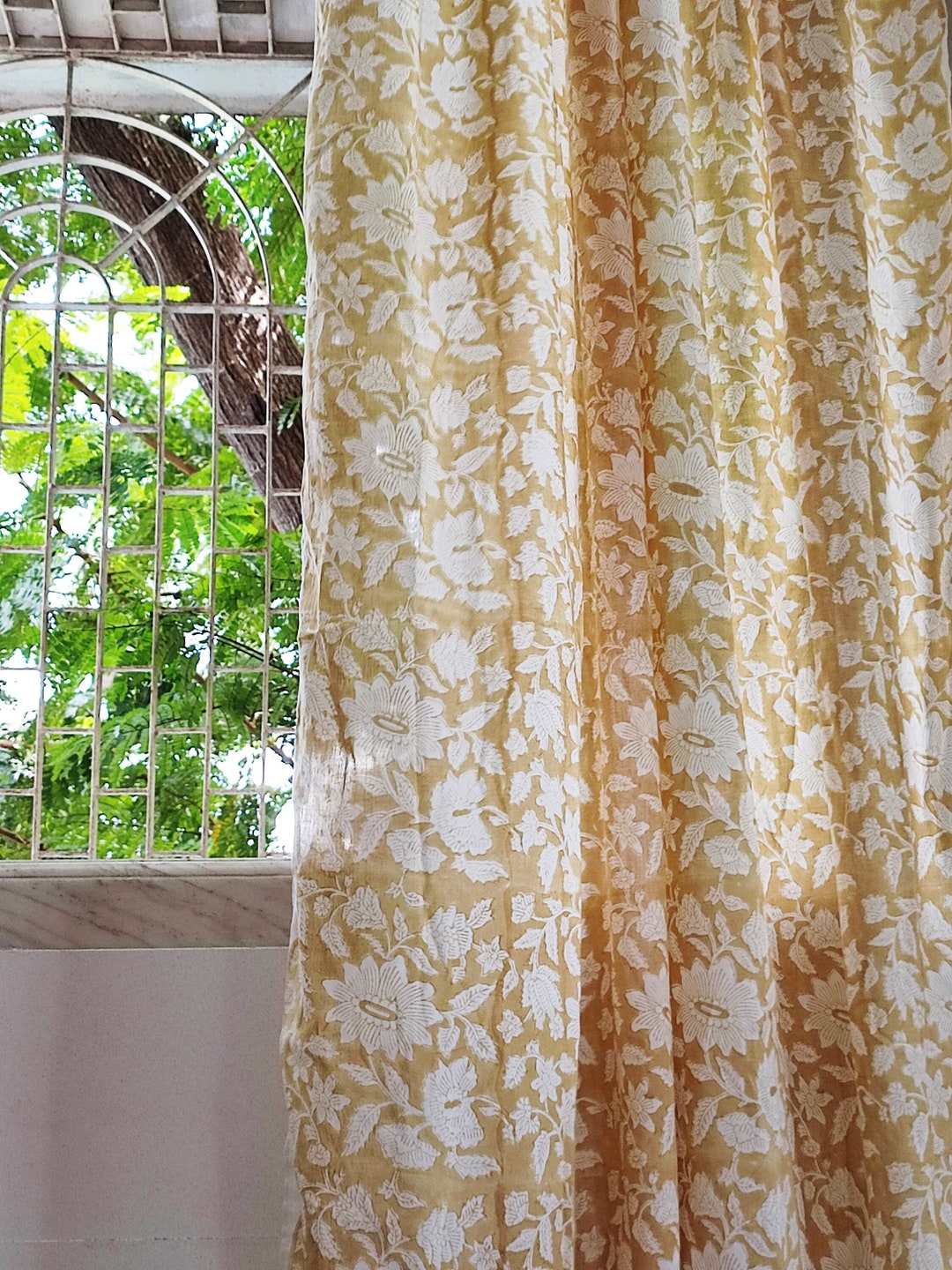 Yellow Curtain, Cotton Floral Sheer Curtains, Printed Floral Curtains, Indian Sheer Panels