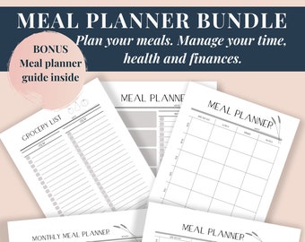 Meal Planner Bundle | Printable Monthly and Weekly Meal Planner | Shopping List | Bonus Planning Guide | A4, A5 and US Letter Sizes