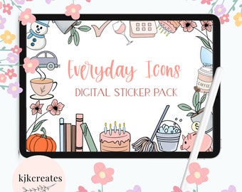 Pegatinas digitales de la vida cotidiana / Lindos iconos cotidianos / Goodnotes pre-recortadas / Pegatinas ilustradas dibujadas a mano / Pegatinas del planificador diario