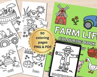 May include: A coloring book with 50 pages featuring farm animals, a windmill, a tractor, a scarecrow, and a basket of apples. The book is titled "Farm Life Coloring Book".