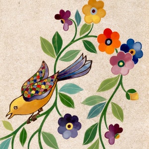 Bohemian Floral Tile Wall Hanging,  one ceramic tile with yellow bird, Colorful Decorative Tile, Kitchen Accent Tile, Unique Home