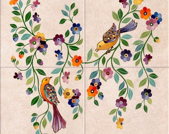 4 ceramic tiles with bohemian flowers and birds