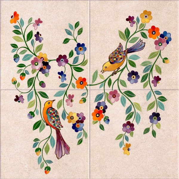 4 ceramic tiles with bohemian flowers and birds