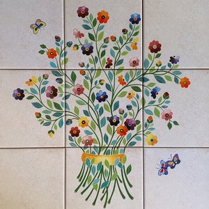 Flower Bouquet on Ceramic Tiles, Mosaic Wall Mural, Backsplash Design