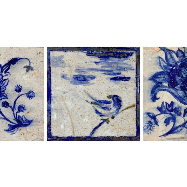 Ensemble de 3 carreaux de céramique bleu cobalt, oiseaux et fleurs bleus, décoration murale