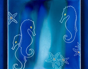 Seahorse Wall decor, Blue ceramic tile, Oceanic Art