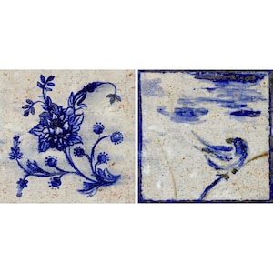 A Set of 2 Cobalt Blue Ceramic Tiles, Hand Painted Wall Decor, Floral Tile, Bird Tile