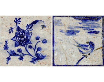 A Set of 2 Cobalt Blue Ceramic Tiles, Hand Painted Wall Decor, Floral Tile, Bird Tile