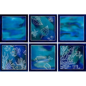 Set of 6 blue and turquoise oceanic ceramic tile, Sealife bathroom decor