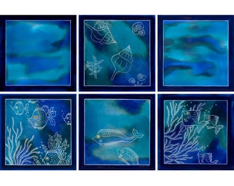 Set of 6 blue and turquoise oceanic ceramic tile, Sealife bathroom decor