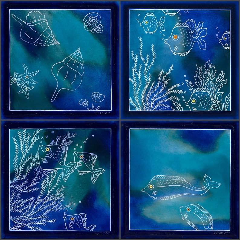 decorative tile, Mediterranean tile, fish, ceramic wall art, oceanic wall art, blue tile art, round fish image 3